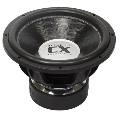 Le Hifonics Colossus CX15D2 est un subwoofer noir de 15 pouces avec des accents métalliques et un large cône, délivrant 4500 W RMS, présenté en angle sur un fond blanc.
