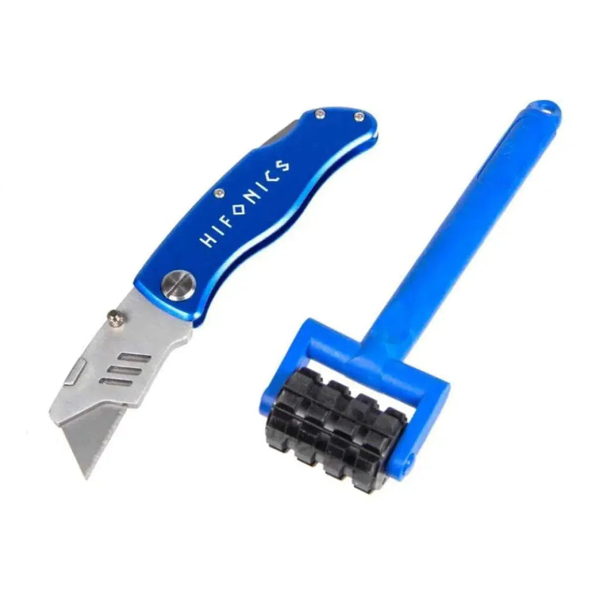 A Hifonics HF-RKS Roller  Messer in blue includes a folding utility knife and a tool with a rolling black wheel for Bitumenmatten or Alubutyl Dämmung Set.