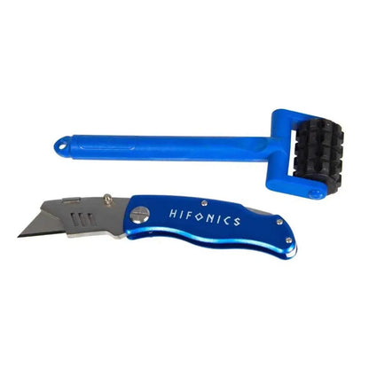 The Hifonics HF-RKS Roller  Messer includes a blue handle knife and blue seam roller, perfect for installing Alubutyl or Bitumenmatten Dämmung Sets.