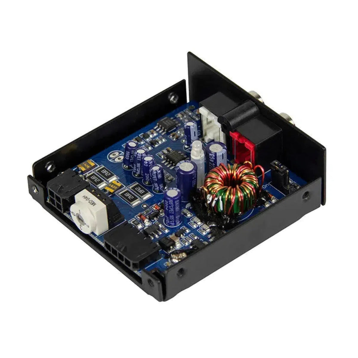 El Hifonics HF-SC2 / ISO es una caja de dispositivo negro compacto con circuitos expuestos, condensadores, conectores, cable de cobre en espiral, y un Konverter de 2 canales de alta a baja.