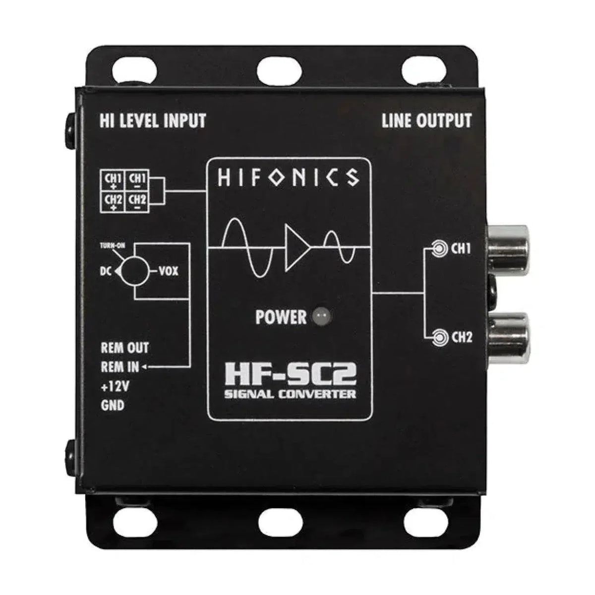 El Hifonics HF-SC2 / ISO es un convertidor negro de 2 canales alto-bajo con entradas/salidas etiquetadas, indicador de alimentación, diagramas y salidas de línea CH1/CH2 RCA.