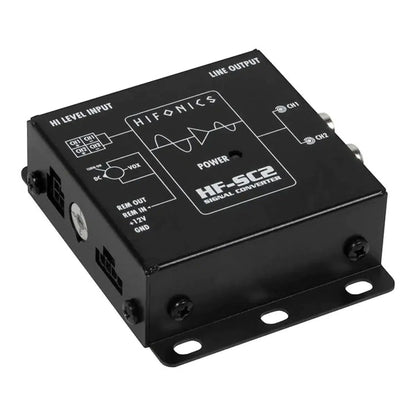 El convertidor de alta a baja HF-SC2 / ISO 2-kanal de Hifonics cuenta con puertos etiquetados, indicador de alimentación y soportes de montaje, mostrados en ángulo sobre fondo blanco.