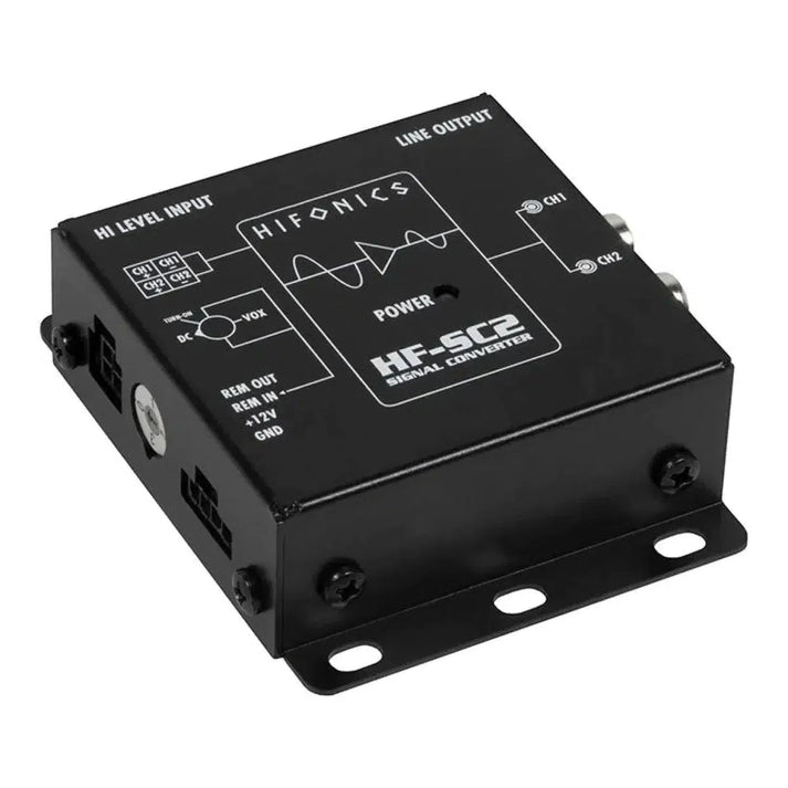 El convertidor de alta a baja HF-SC2 / ISO 2-kanal de Hifonics cuenta con puertos etiquetados, indicador de alimentación y soportes de montaje, mostrados en ángulo sobre fondo blanco.