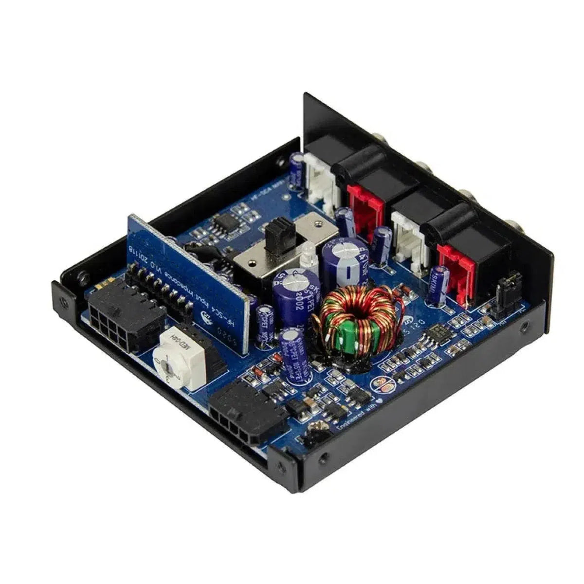 The Hifonics HF-SC4 / ISO is a compact blue circuit board with connectors and ports, ideal as a 4-channel high to low level converter in a black metal frame.