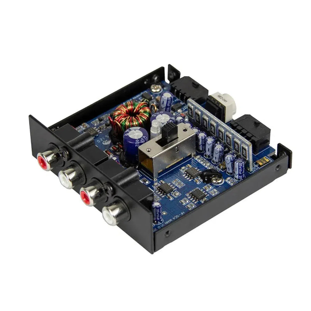 Hifonics HF-SC4 / ISO open audio amplifier board with capacitors, coils, RCA connectors, and a 4-kanal high/low level converter on a black frame.