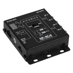 A black Hifonics HF-SC4 / ISO high-low adapter features labeled input/output ports, a circuit diagram, and control switches on top.