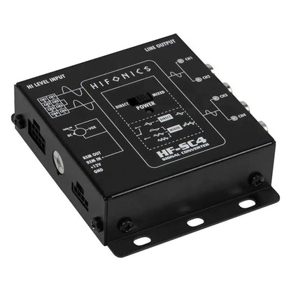 A black Hifonics HF-SC4 / ISO high-low adapter features labeled input/output ports, a circuit diagram, and control switches on top.