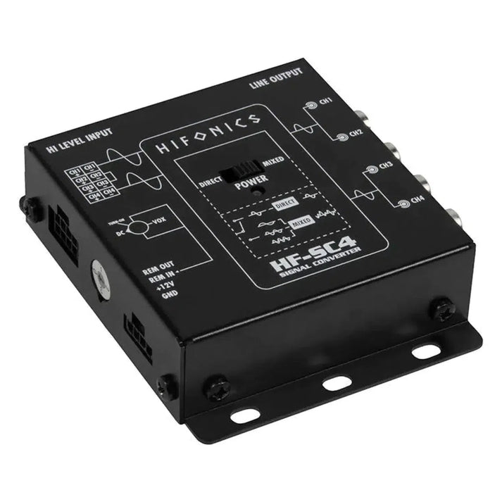 A black Hifonics HF-SC4 / ISO high-low adapter features labeled input/output ports, a circuit diagram, and control switches on top.
