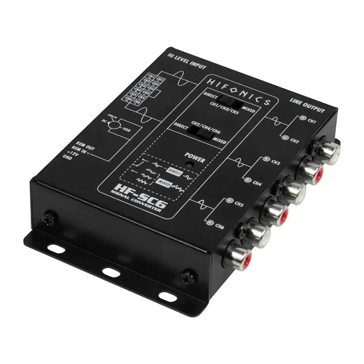 Een zwarte Hifonics HF-SC6 6-kanaals signaalomzetter met gelabelde poorten en aansluitschemas op de bovenkant.