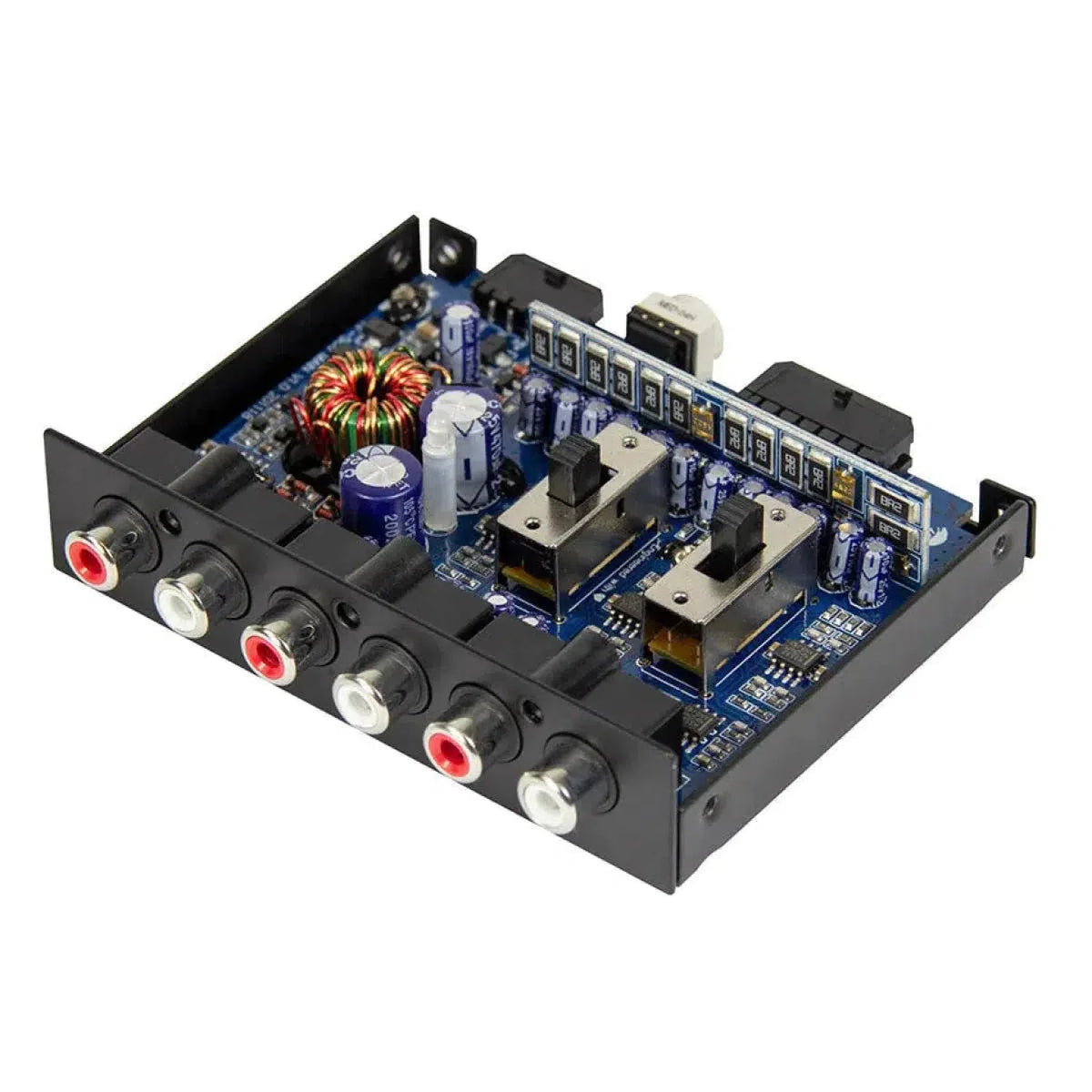 De Hifonics HF-SC6 is een zwarte audioversterkerprintplaat met meerdere condensatoren, connectoren, aansluitpoorten en EPS Schutzschaltung in een metalen behuizing.