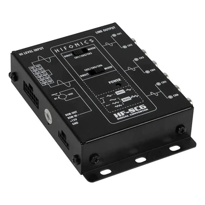 De Hifonics HF-SC6 is een 6-kanaals signaalomzetter met ingangs-/uitgangspoorten en gelabelde bedieningselementen, perfect voor audio-installaties.