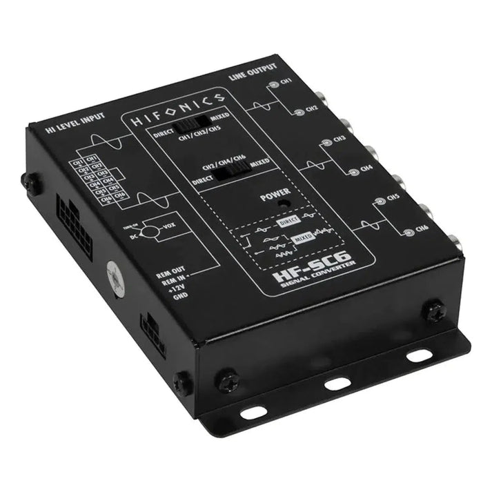 De Hifonics HF-SC6 is een 6-kanaals signaalomzetter met ingangs-/uitgangspoorten en gelabelde bedieningselementen, perfect voor audio-installaties.