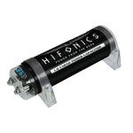 Il condensatore Hifonics HFC1000 - 1 Farad è dotato di voltmetro digitale, involucro nero e staffe di montaggio trasparenti.