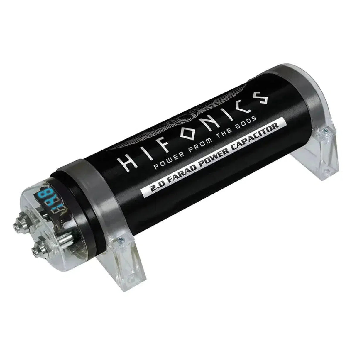Le Hifonics HFC2000 - 2 Farad est un condensateur de puissance cylindrique noir avec affichage numérique de la tension, bornes métalliques et supports de montage transparents.