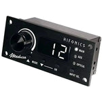 Pannello audio rettangolare nero del controller Hifonics RC-TRX con display digitale che mostra 12, manopola grande, pulsanti e opzioni di ingresso principale, ausiliario e ottico.