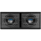De Hifonics Titan TD-250R is een zwarte rechthoekige subwooferbox met dubbele 10 woofers, metalen staafbescherming en een dual-bandpass ontwerp voor krachtige bas.