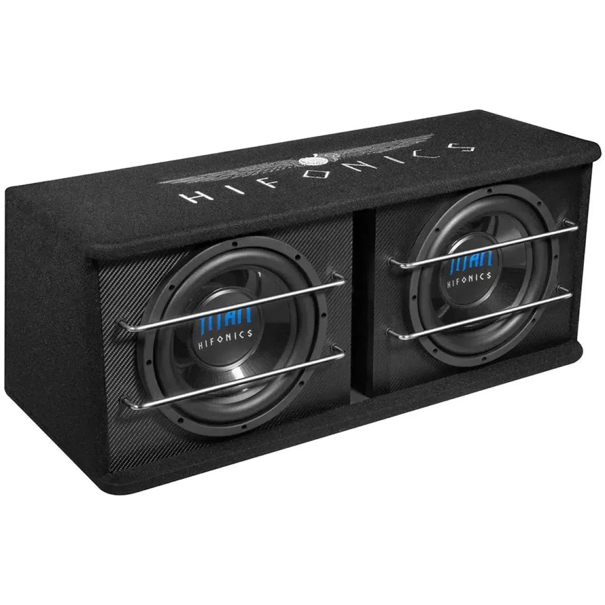Hifonics Titan TD-250R è una cassa acustica nera da 10 Zoll a doppio subwoofer con barre di protezione in metallo su ciascun subwoofer.