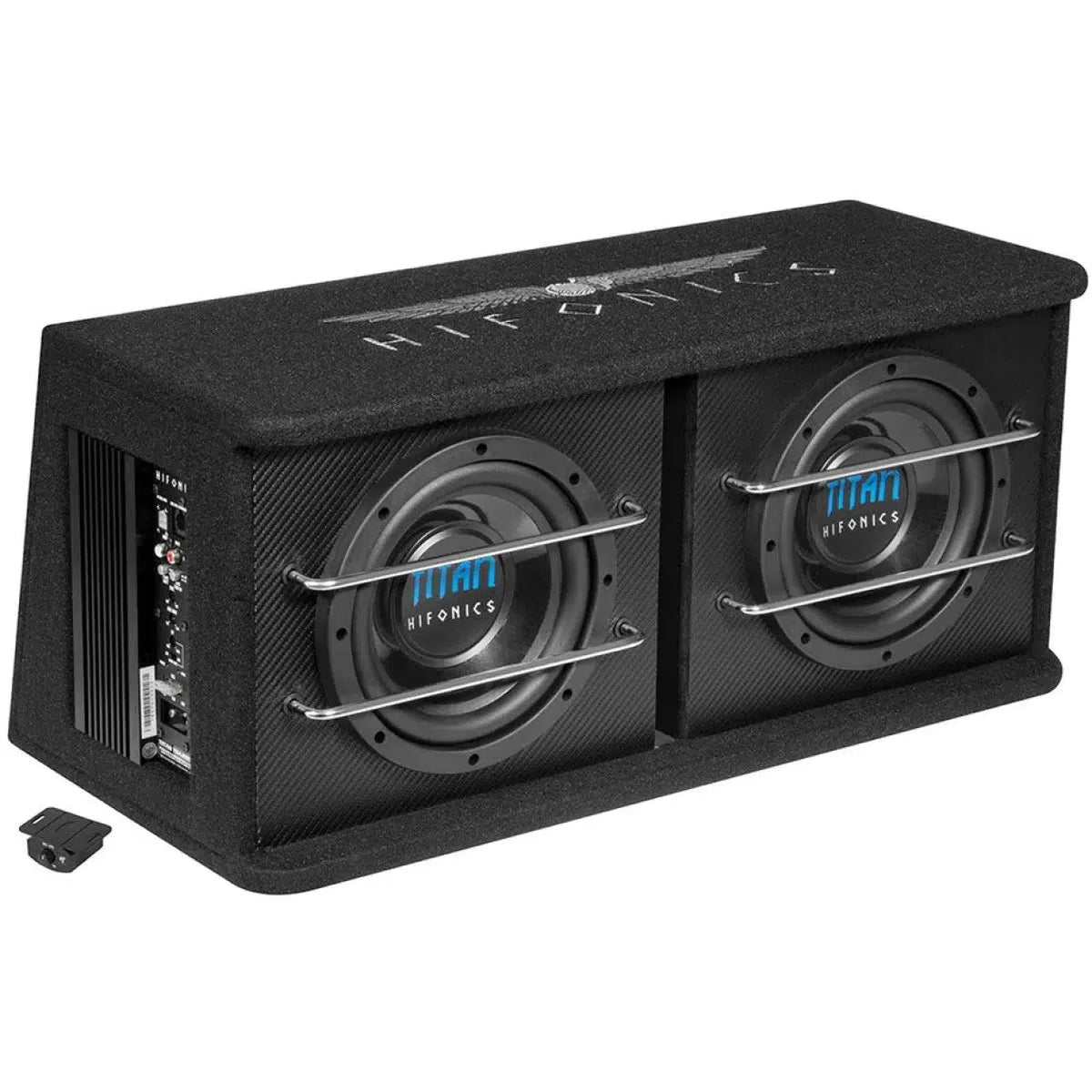 El Hifonics Titan TDA-200R Aktiv es una caja de subwoofer negra con dos woofers de 8, barras metálicas, controles de amplificación laterales y la marca Hifonics en la parte superior.