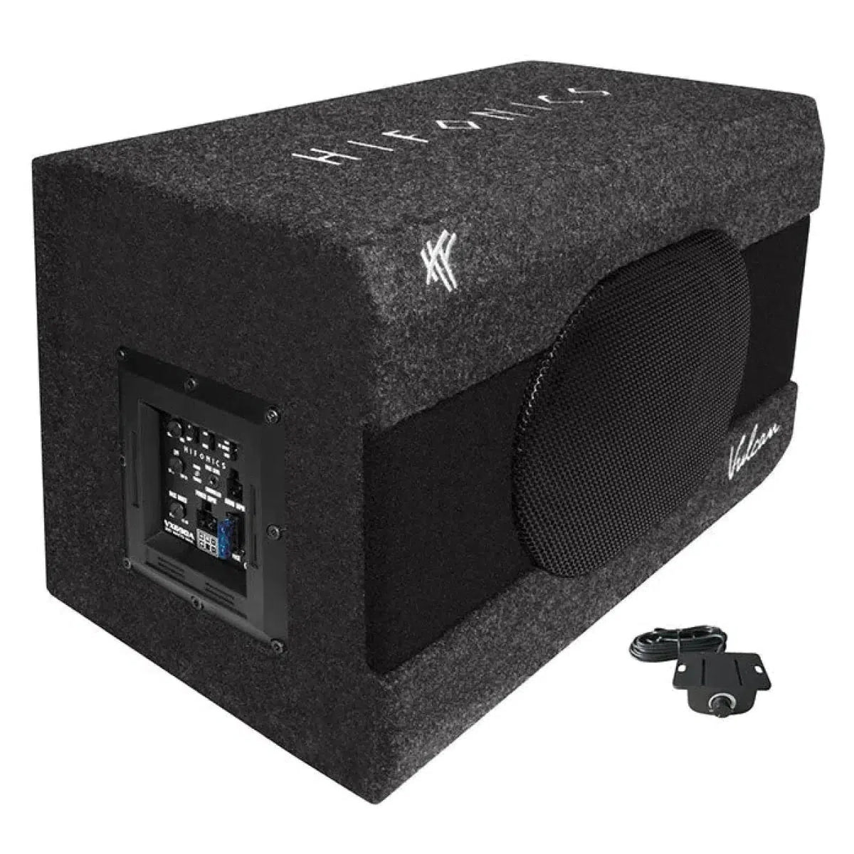 The Hifonics Vulcan VX-690A Aktiv is a rectangular black Bassreflex subwoofer with logo, side control panel, mesh cover, and a wired remote.