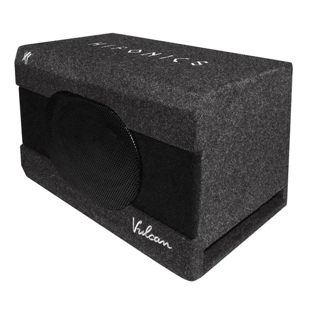 El Hifonics Vulcan VX-690R es un subwoofer Gehäuses negro rectangular con rejilla de malla, acabado de tela oscura, logotipo en el lateral y potente Bassreflex-System.