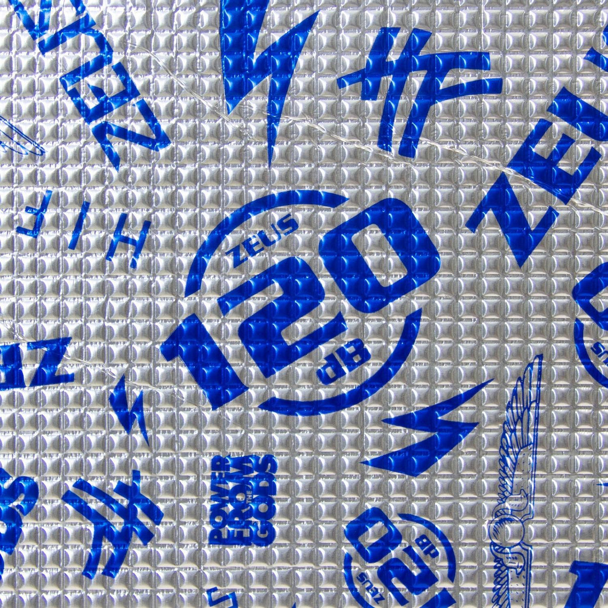 The Zeus AluButyl 120dB by Hifonics features a metallic, textured surface with bold blue text and symbols for a striking, industrial look.
