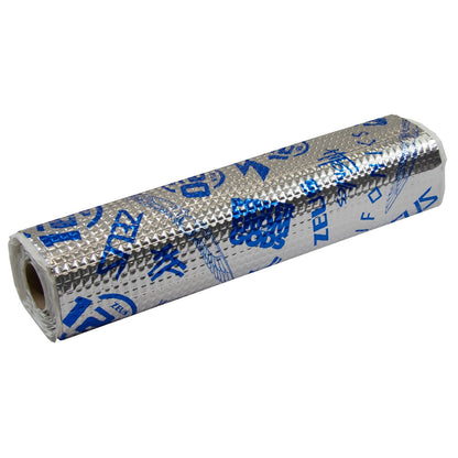 A roll of Hifonics Zeus AluButyl 120dB metallic bubble insulation wrap with blue text and graphics on the silver surface.