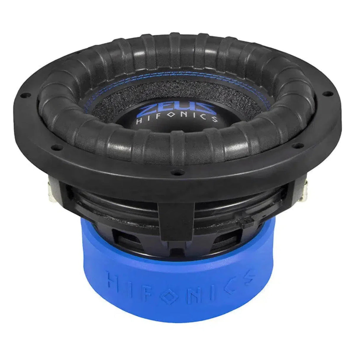 El subwoofer Hifonics Zeus ZRX10D2 de 10 en negro y azul cuenta con un cono resistente, un grueso borde de goma y un potente diseño de doble imán.