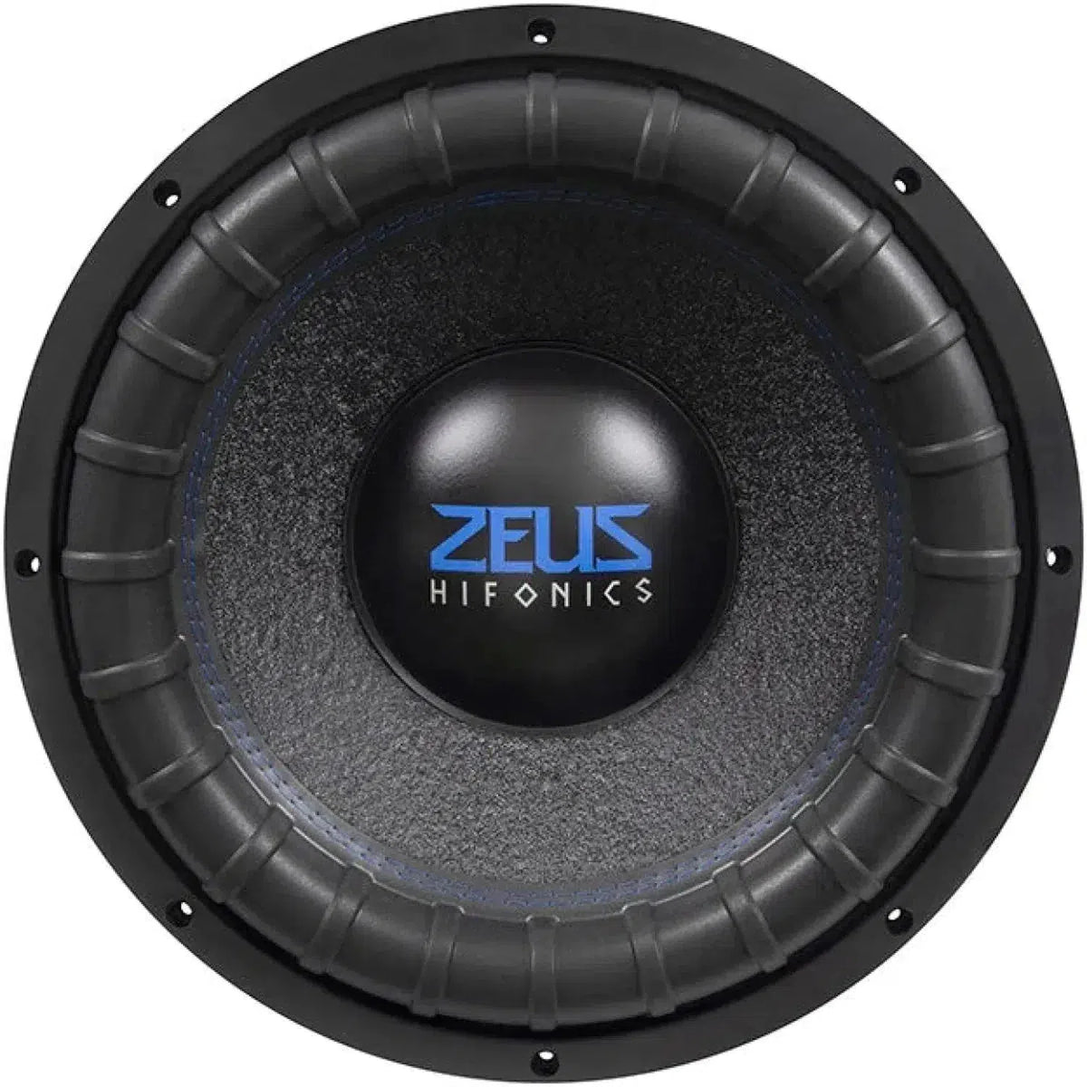 Un subwoofer nero Hifonics Zeus ZRX15D2 da 15 con magnete Doppel, bordo a coste e stampa ZEUS HIFONICS bianco-blu sul cono centrale.
