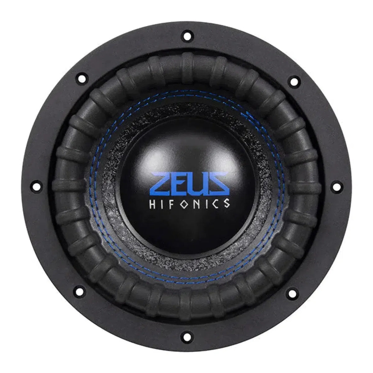 Un subwoofer Hifonics Zeus ZRX6D2 da 6,5 a doppio magnete di colore nero con cuciture e logo blu, mostrato dallalto su sfondo bianco.