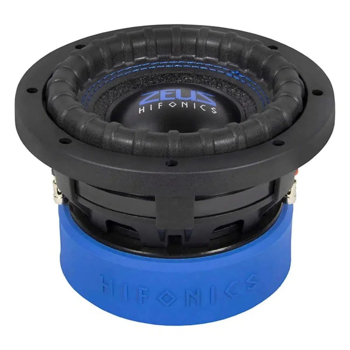 El Hifonics Zeus ZRX6D2 es un subwoofer negro y azul de 6,5 con un robusto marco acanalado, diseño Doppelmagnet y cono y cubierta de imán de marca.