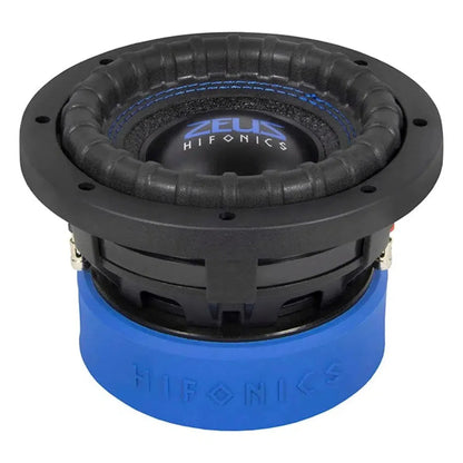 LHifonics Zeus ZRX6D2 è un subwoofer da 6,5 nero e blu con un robusto bordo a coste, un design a magneti doppi e un cono e una copertura a magneti con marchio.