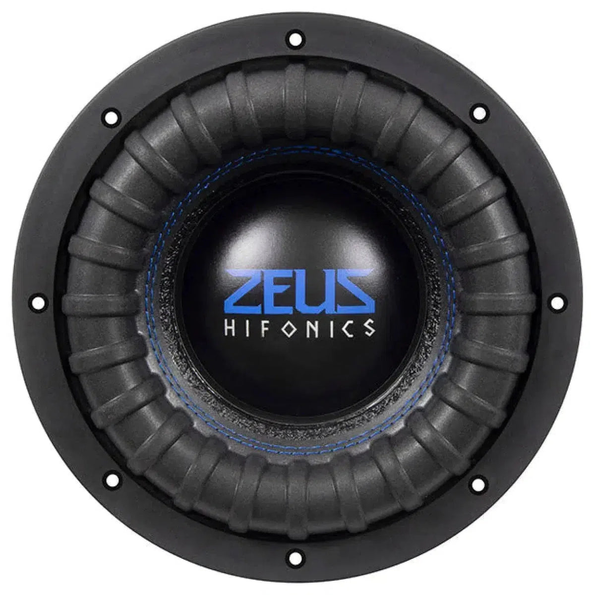 The Hifonics Zeus ZRX8D2 is a round black 8 subwoofer with a ribbed surround, blue and white ZEUS HIFONICS on the center cone, and 600W RMS power.