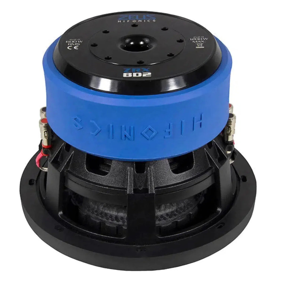 The Hifonics Zeus ZRX8D2 8-inch subwoofer in blue and black, 600W RMS, displays its back, side, wiring, connectors, and 8D2 label.