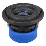 A black and blue Hifonics Zeus ZRX8D2 8 subwoofer features a thick ridged surround, Hifonics logo, and 600W RMS power on its blue base.