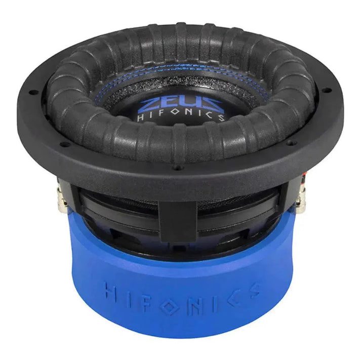 A black and blue Hifonics Zeus ZRX8D2 8 subwoofer features a thick ridged surround, Hifonics logo, and 600W RMS power on its blue base.