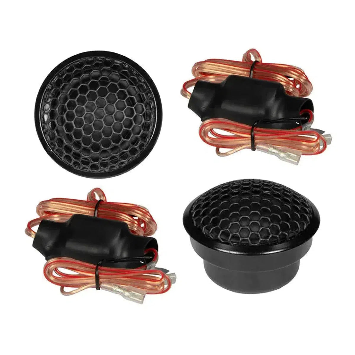 Four Hifonics Zeus ZS5.2E 5 car audio tweeters with honeycomb grilles and red-copper wires are shown from various angles on a white background.