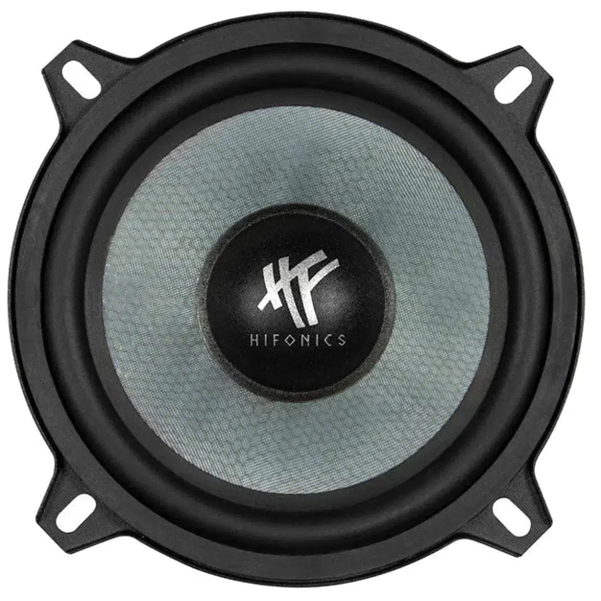 Top view of the Hifonics Zeus ZS5.2E car speaker: round, black rim, four mounting holes, silver-gray center cone with Hifonics logo.
