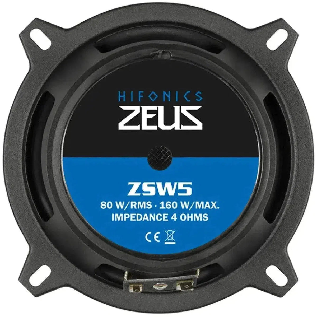 The Hifonics Zeus ZS5.2E 5 speaker set features a black frame, blue label, 80W RMS, 160W max power, and 4-ohm impedance.