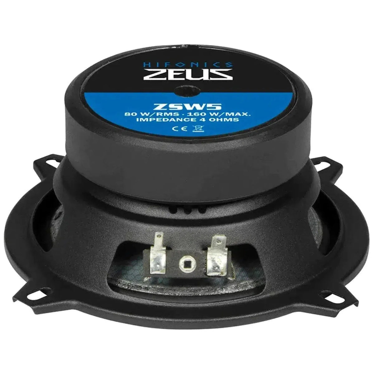 The rear view of the Hifonics Zeus ZS5.2E shows its label with specs and metal connection terminals on this 5 Zoll speaker set in black.