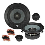 The Hifonics Zeus ZS5.2E 5 component car speaker set with black speakers, grills, tweeters, and coiled wires is shown on a white background.