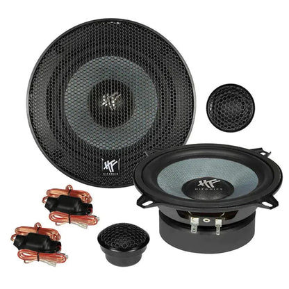 The Hifonics Zeus ZS5.2E 5 component car speaker set with black speakers, grills, tweeters, and coiled wires is shown on a white background.