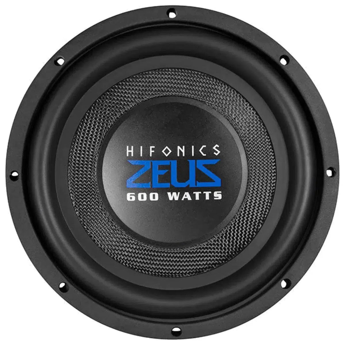 Subwoofer rond noir Hifonics Zeus ZST10D2 10 avec cône en fibre de verre et carbone, Hifonics Zeus 600 Watts en bleu/blanc au centre, vue de dessus.