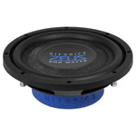 Un caisson de basses plat de 10 pouces Hifonics Zeus ZST10D2, noir et bleu, à double aimant, présenté en angle pour mettre en évidence les détails supérieurs et latéraux.