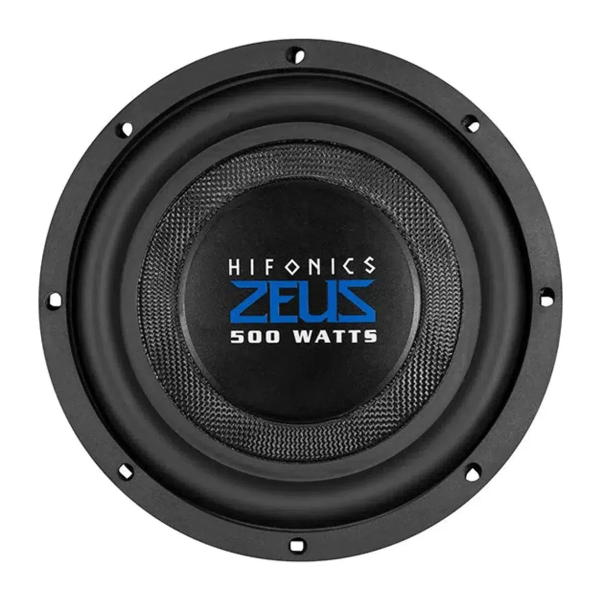 El Hifonics Zeus ZST8D2 es un subwoofer plano redondo y negro de 8 pulgadas con un diseño azul y blanco de 500 W, Doppelmagnet y membrana de fibra de vidrio/carbono, mostrado desde arriba.