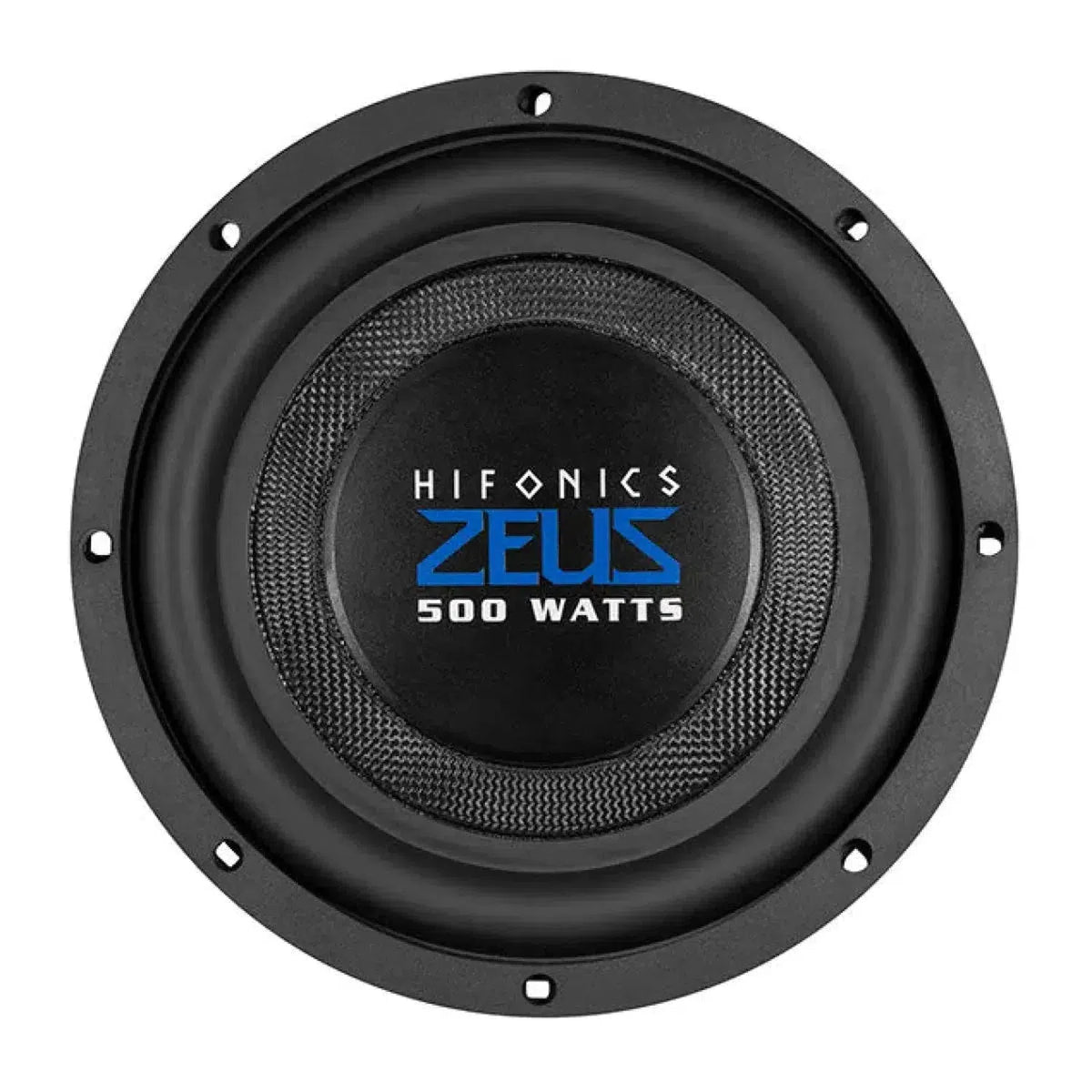 Round black Hifonics Zeus ZST8D4 8 flat subwoofer with glass fiber/carbon cone, 500W, white and blue center, top view.