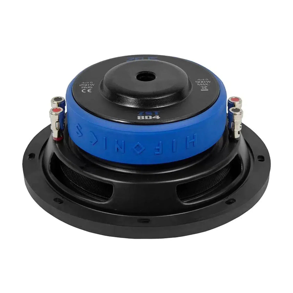 A close-up of the Hifonics Zeus ZST8D4, an 8-inch round black and blue subwoofer with visible metal terminals and a fiberglass/carbon membrane on a white background.