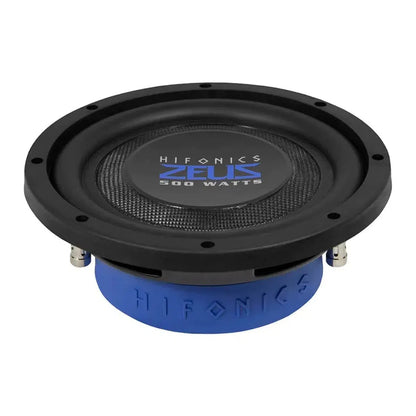 A black and blue Hifonics Zeus ZST8D4 8 subwoofer with 500 WATTS on center, Glasfaser/Karbon-Membran, shown from a slight top angle.