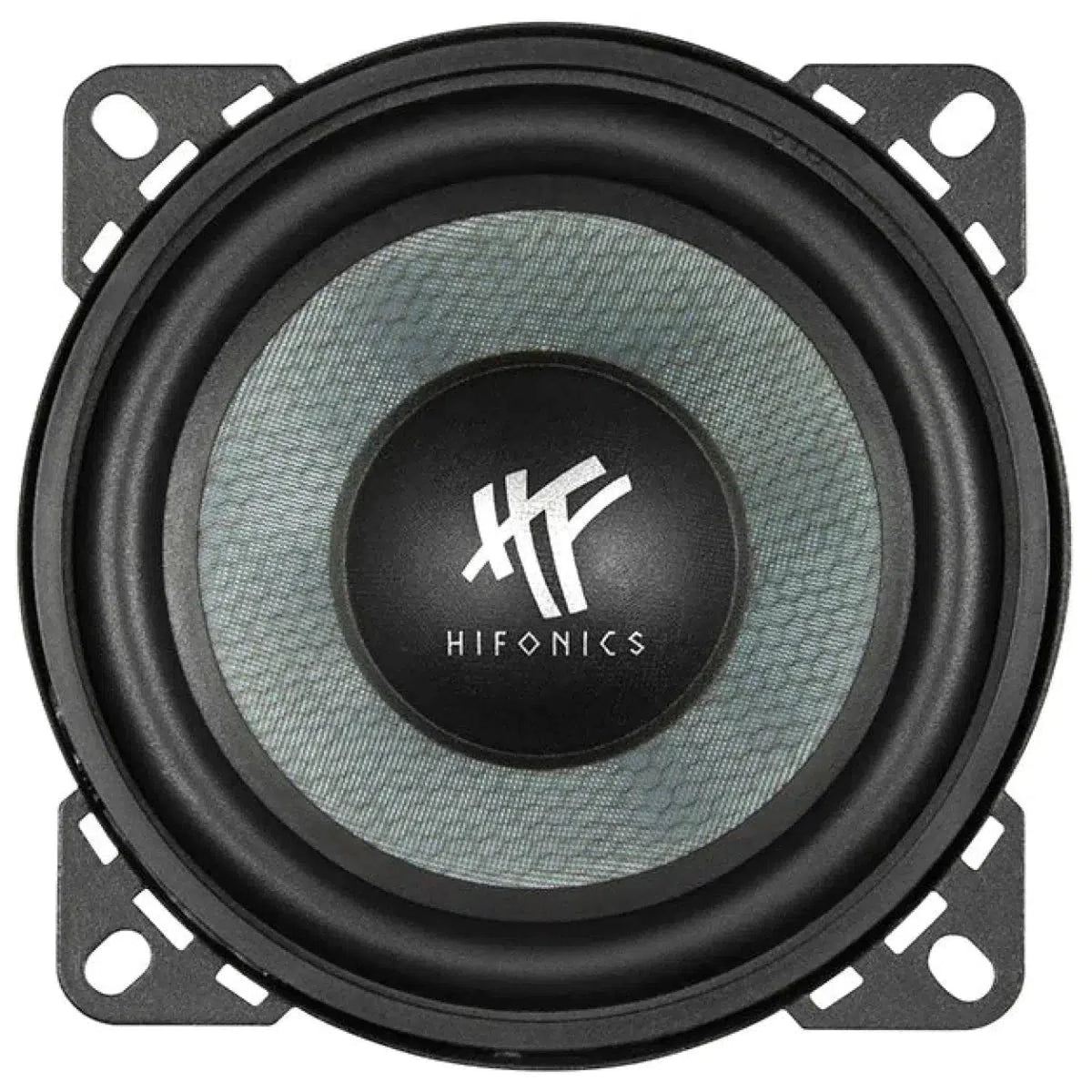 Primer plano de un altavoz de audio para automóvil Hifonics Zeus ZSW4 con logotipo central, membrana en sándwich de nido de abeja, marco de goma negro y soportes de montaje en las esquinas.