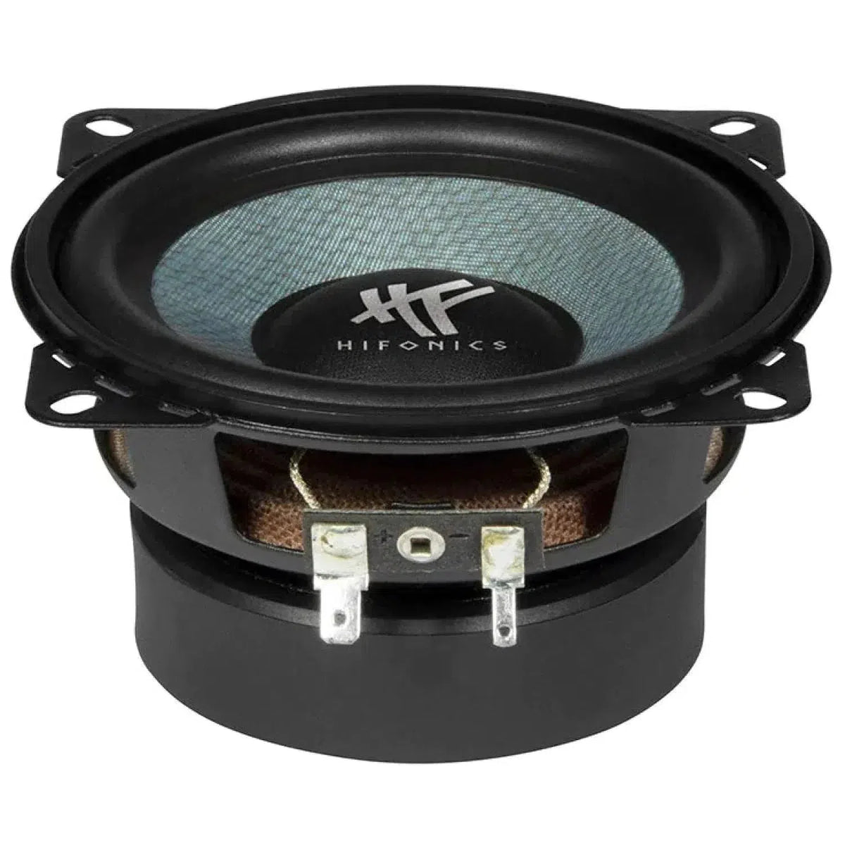 El Hifonics Zeus ZSW4 es un altavoz de medios redondo de 4 con un marco negro, terminales visibles y el logotipo de Hifonics en su cono de nido de abeja, mostrado de frente.