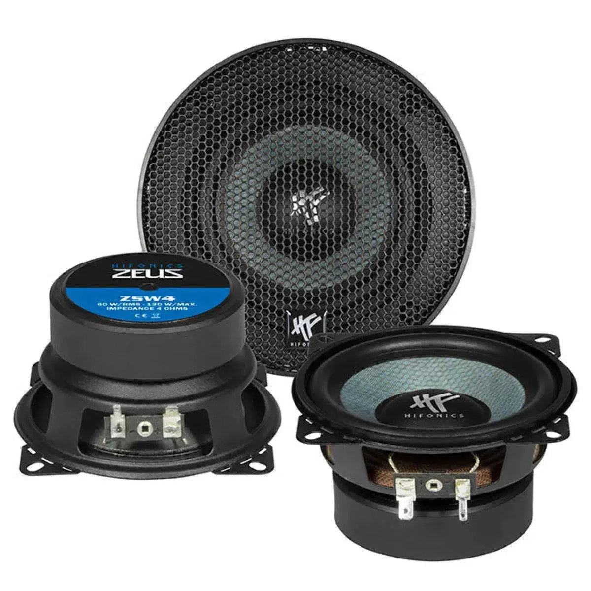 Drie Hifonics Zeus ZSW4 luidsprekers: voorkant met gaasrooster, achterkant met specs en zijkant met Honeycomb Sandwich-Membraan componenten.